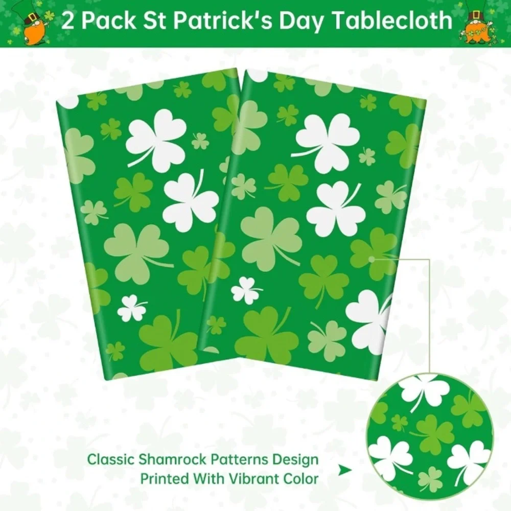 2 Pack St Patrick's Day Green Shamrock Plastic Disposable Rectangle Tablecloth☘️
